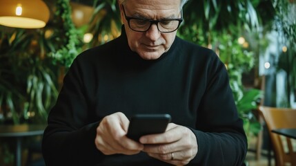 Mature man using smartphone cafe