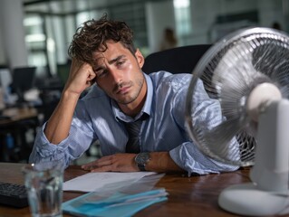Office Heat: A stressed person in a light blue shirt with a tie, trying to endure the extreme heat in a modern office setting, highlighting the daily struggle against the heat