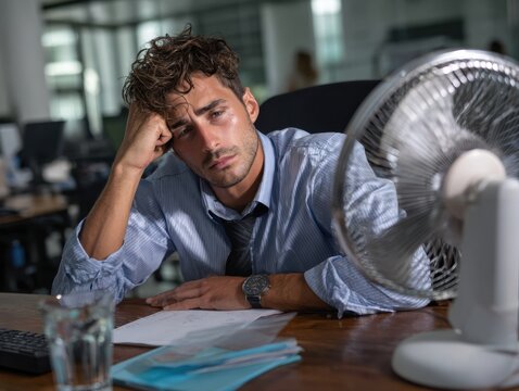 Office Heat: A stressed person in a light blue shirt with a tie, trying to endure the extreme heat in a modern office setting, highlighting the daily struggle against the heat