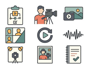 Video Production Icons. Flat icon set of video production process: pre-production icon, shooting day, B-roll