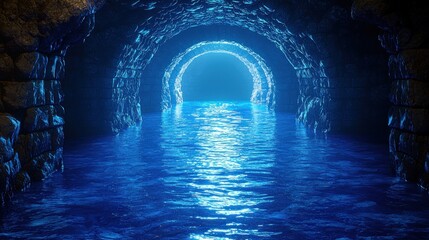Dark stone tunnel, bright blue water, glowing archway