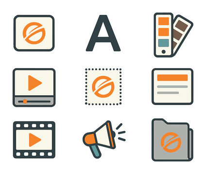 Creative Branding Icons. Flat icon set of creative branding essentials: brand logo, font sample, color palette