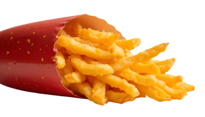 Close up of french fries overflowing from a red and orange paper container on a black background