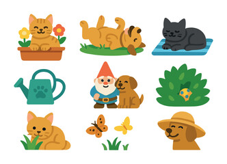 Naklejka premium Garden Pets Icons. Flat icon set of pets enjoying garden time: cat in flower bed, dog rolling in grass,