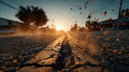 Dust blowing over cracked pavement near a suburban street during a drought, cinematic warm lighting, storytelling moment showing harshness of environment, realistic textures and dust particles.
