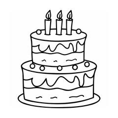 Two-tiered birthday cake line art with three candles and decorative frosting