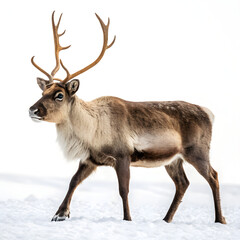 Obraz premium A majestic reindeer walks through the snow, isolated on transparent background, in a fullbody shot