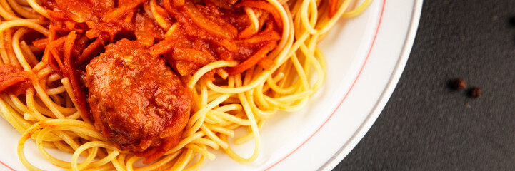Spaghetti meatballs tomato sauce Italian recipe fresh delicious gourmet food background on the...