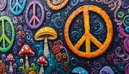 Close-up of colorful psychedelic wall art with peace signs, mushrooms, and swirling patterns