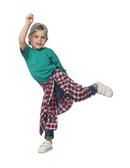 Happy little boy dancing on white background