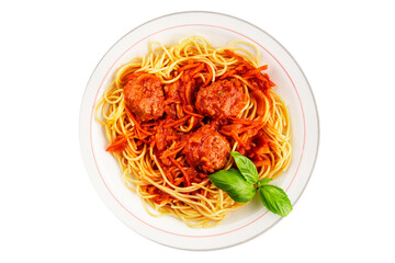 Spaghetti meatballs tomato sauce Italian recipe fresh delicious gourmet food background on the table rustic food top view copy space