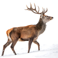 Obraz premium A majestic red deer stag with large antlers stands proudly in the snow, captured in a stunning photograph isolated on transparent background