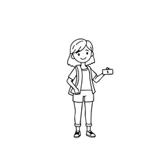 Girl with a happy mood holding a small box in a simple line drawing style