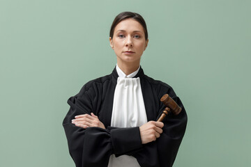 Judge with mallet on light green background