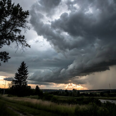 Dark cloudy skies before a storm with heavy looming clouds over open fields and distant tree silhouettes
