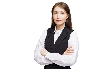 Confident businesswoman in a stylish black suit poses with arms crossed against a clean white...