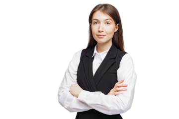 Confident businesswoman in a stylish black suit poses with arms crossed against a clean white background showcasing professionalism and poise