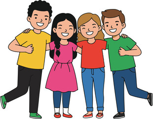 Fototapeta premium Cartoon diverse kids holding hands and smiling