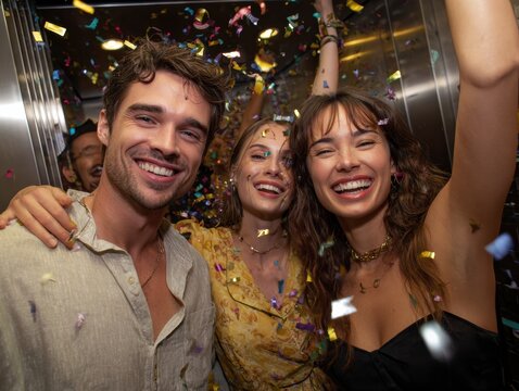Confetti Celebration in the Elevator: A group of joyful individuals, surrounded by colorful confetti, exude infectious happiness in an elevator.
