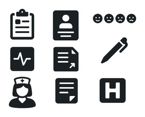 Nursing Tools Icons Grid. Solid, filled icons set of nursing shift report tools: clipboard, patient profile,