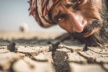 A close-up shot of an Arab man's face, his eyes looking down at the cracked earth in the desert, symbolizing dryness and the death of vegetation during the arid harvest season.