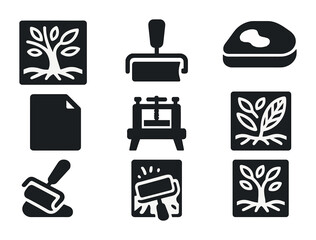 Relief Printing Icons. Solid, filled icons set of relief printing methods: carved woodblock, brayer, ink tray,