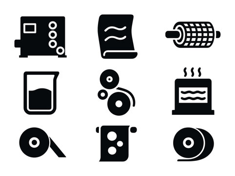 Flexographic Printing Icons. Solid, filled icons set of flexographic printing: flexo press, rubber plate,