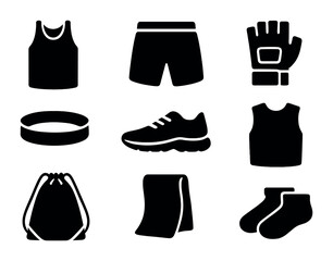 Gym Outfit Icons. Solid, filled icons set of gym workout outfits: tank top, workout shorts, lifting gloves,
