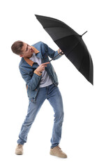 Man with black umbrella on white background