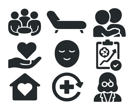 Trauma Recovery Icons. Solid, filled icons set of trauma recovery support: supportive group, therapy couch,