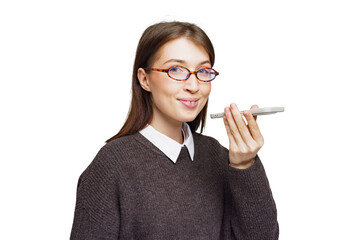 Engaging young woman using voice assistant for convenience and productivity while dressed casually...