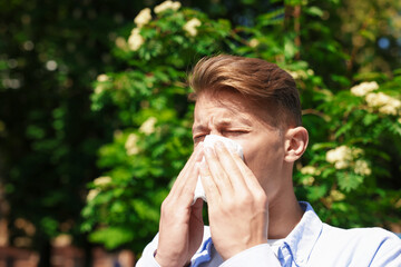 Young man with paper tissue suffering from seasonal pollen allergy near blossoming tree on spring...