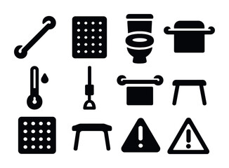 Bathroom Safety Icons. Solid, filled icons set of bathroom safety essentials: shower grab bar, anti-slip rug,