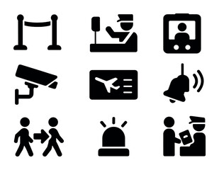 Airport Icon Set. Solid, filled icons set of airport crowd management: queue divider, customs agent, x-ray