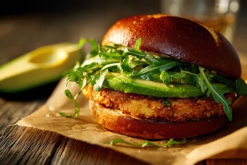 Delectable veggie burger with avocado and arugula on pretzel bun, lit warmly