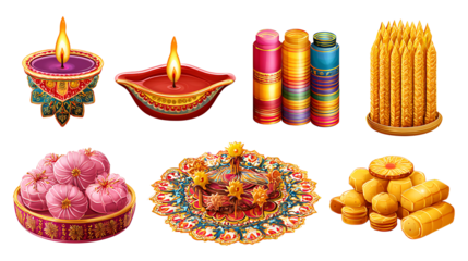 Diwali celebration objects: diyas, fireworks, sweets, and rangoli, isolated on white background