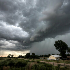 Obraz premium Dark cloudy skies before a storm with heavy looming clouds over open fields and distant tree silhouettes 