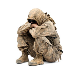 Soldier crouches behind cover, peeking out cautiously to survey the environment. full length isolate on transparent background
