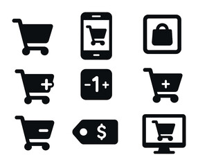 Modern Shopping Cart Icons. Solid, filled icons set of online shopping carts: digital cart icon, mobile