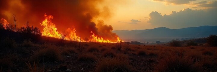 Fototapeta premium Wildfires Destructive Beauty Charred Grassland Under a Smoky Sky, showcasing natures cycle of renewal.