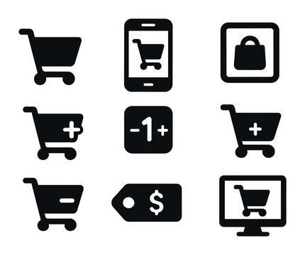 Modern Shopping Cart Icons. Solid, filled icons set of online shopping carts: digital cart icon, mobile
