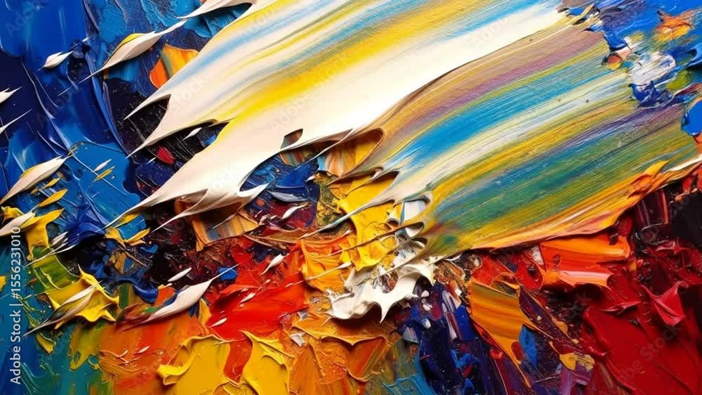 Poster hand applying colorful paint strokes with a palette knife demonstrating artistic process on canvas