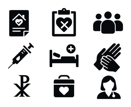 End-of-Life Support Icons. Solid, filled icons set of end-of-life support tools: advanced directive, DNR form,
