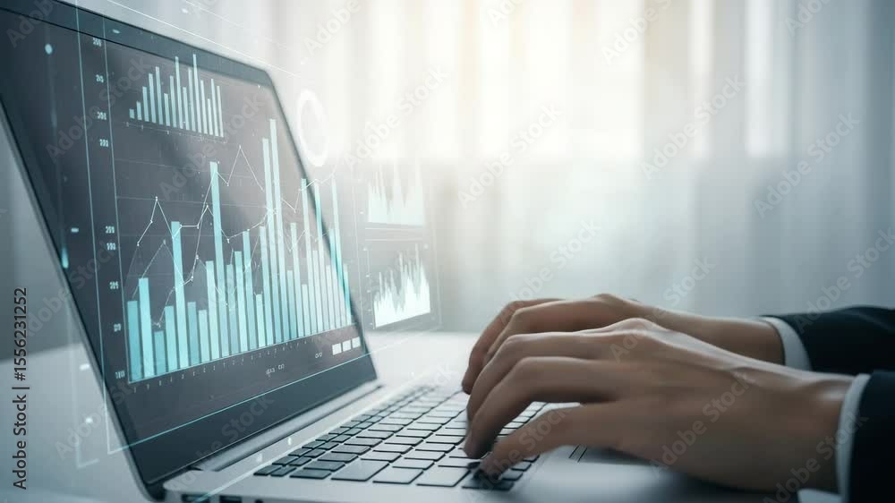 Poster Hands typing on laptop with financial charts and graphs displayed on the screen in a bright office