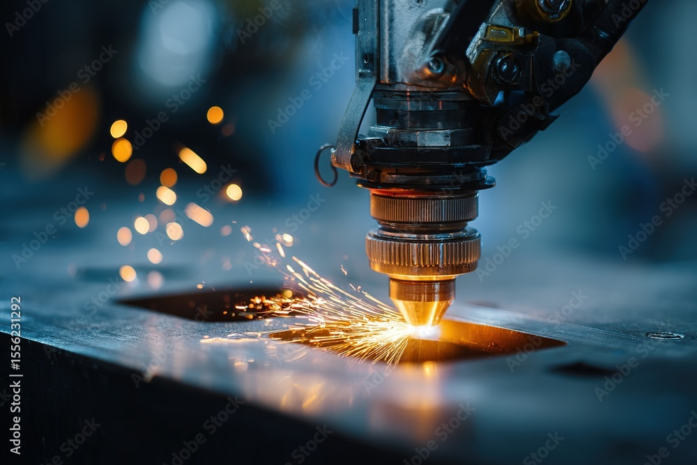 Poster laser cutting machine creates sparks while processing metal in a factory setting during daylight hou
