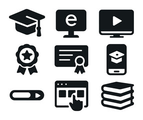 Online Learning Icons. Solid, filled icons set of online learning for job seekers: graduation cap, e-learning