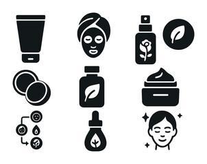 Holistic Skincare Icons. Solid, filled icons set of holistic skincare routines: cleanser tube, clay mask, rose
