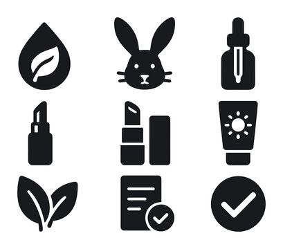 Clean Beauty Icons. Solid, filled icons set of clean beauty product essentials: paraben-free label,