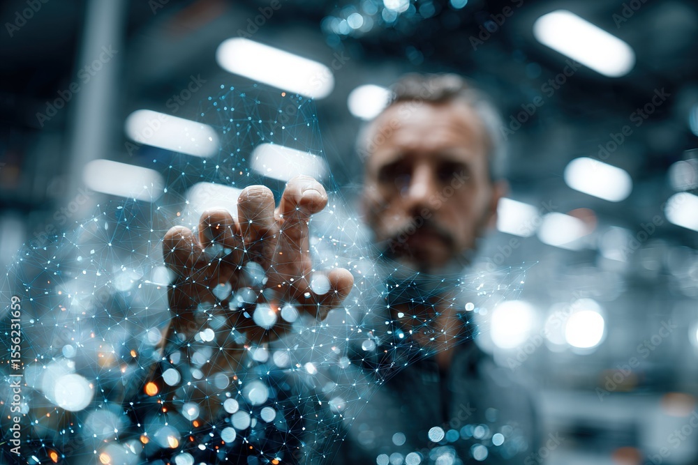Poster man interacting with digital data visualization in a modern technology workspace during daytime hour