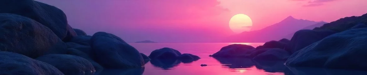 Gordijnen Serene landscape at twilight, rocks bathed in soft, ethereal light  perfect for relaxation and sleep-related themes Ideal for websites, blogs, and calming media , comfort, rock © Nithin